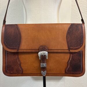 Chet VOGT Sterling Silver Hand Tooled Western Leather Messenger Bag Briefcase
